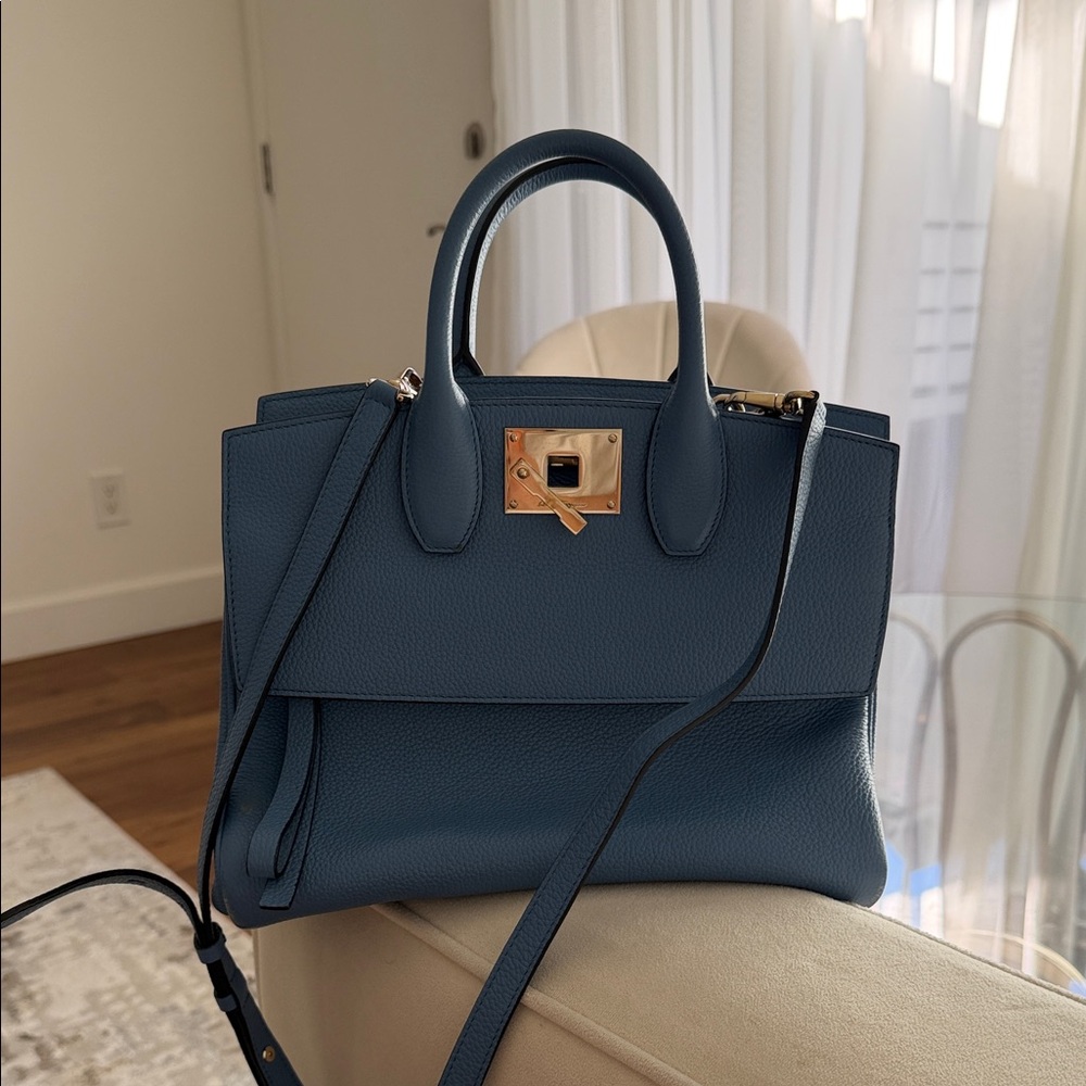 Salvatore Ferragamo Blue Satchel with Gold Hardware